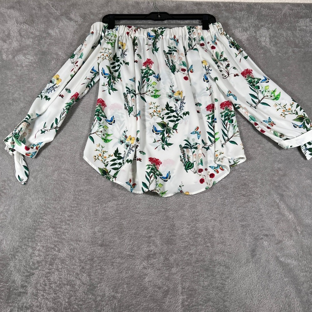 Express Blouse‎ Womens Small White Off Shoulder Floral Butterfly Long Sleeve